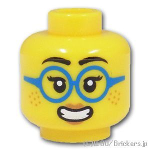 LEGO® パーツ 6419099 ミニフィグ デュアルヘッド - そばかすと緑の丸眼鏡 歯を見せた笑顔 / 口を我慢した困り顔：[Yellow / イエロー] 3626pb3225-024 