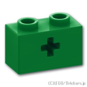 テクニック ブロック 1 x 2 - 十字軸穴：[Green / グリーン]